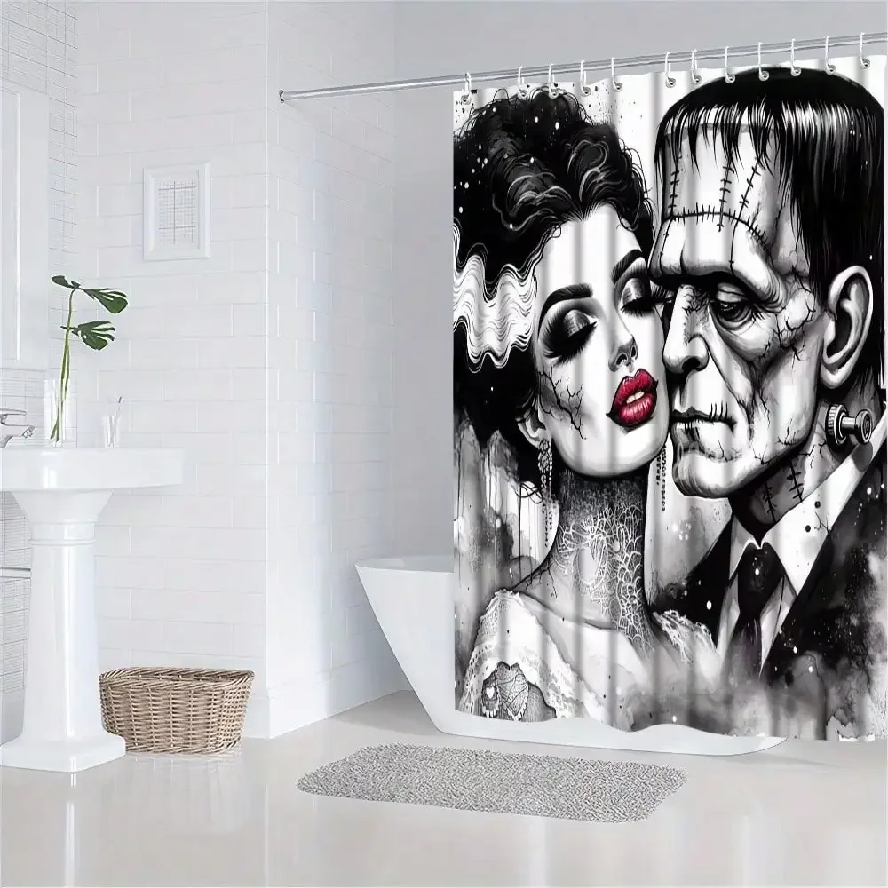 1 Gothic Vampire Bride Shower Curtain for Bathroom, Horror Bathtub Curtain with 12 Hooks, Machine Washable, Vampire Couple Design Bathtub Decor, Great for Halloween And Christmas Gifts, Abs