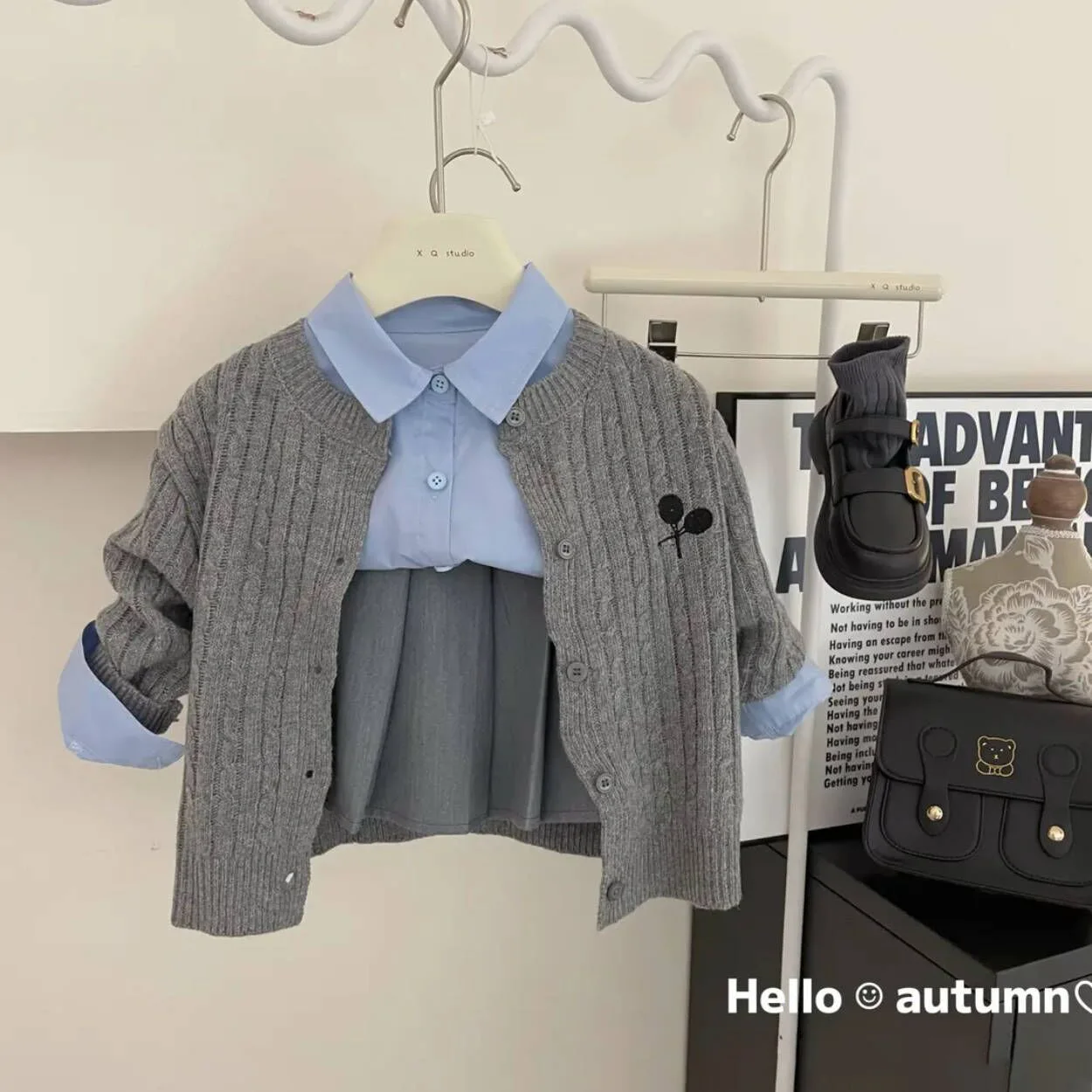 Girls Sweet Suits Spring Autumn Children Baby Kids Outfit College Long-Sleeved Skirt+Sweater Cardigan+Pleated Skirts 3pcs Sets