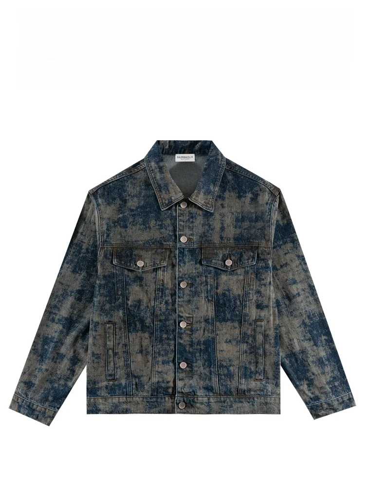 

BaibaoLiY Korean Retro Faion Tie Dye Denim Jaet Men's Trendy Loose Casual Versatile Jaet Stand Fit Button Detail