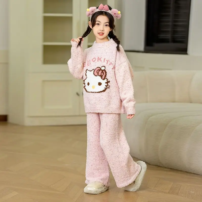 Kawaii Sanrioed Hellokittyed الأطفال الخريف والشتاء نصف المخملية بيجامة مجموعة لطيف الكرتون جديد ملابس المنزل الدافئة هدية