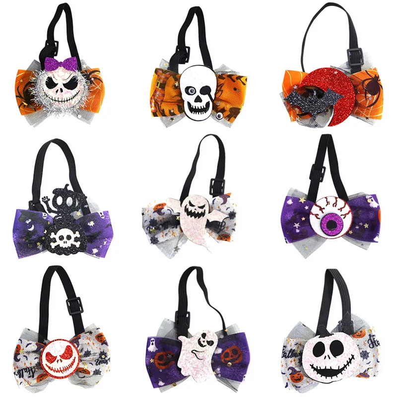 New Style All Saints' Day Pumpkin Ghost Demon Mesh Bow Necklace Collars Dog And Cat Adjustable Bow Tie Accessories Pet Products