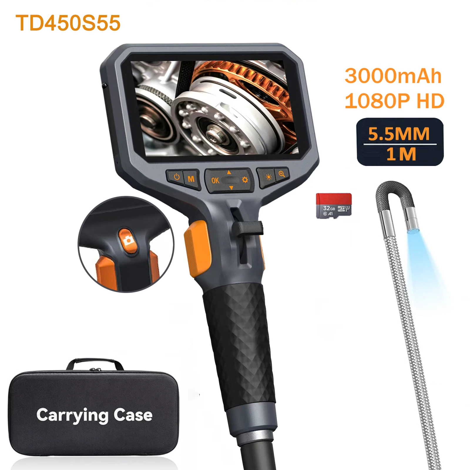 TESLONG TD450S 5.5MM Articulating Borescope 1080P 5 Inch IPS Two Way 360° Steering Endoscope Camera 1m Stainless Steel Tube