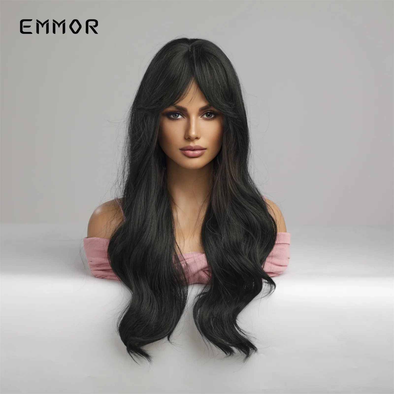 Emmor – perruque synthétique noire longue avec frange, naturelle, résistante à la chaleur, pour femmes, Cosplay, usage quotidien