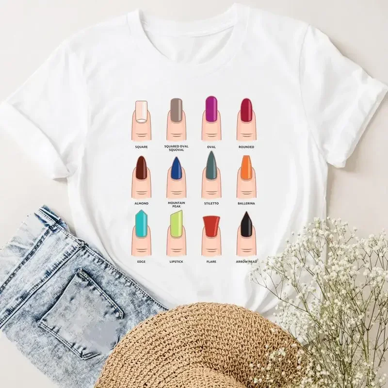 Camiseta de manga corta para mujer, ropa informal a la moda con estampado de Arte de uñas, amor, maquillaje, Verano