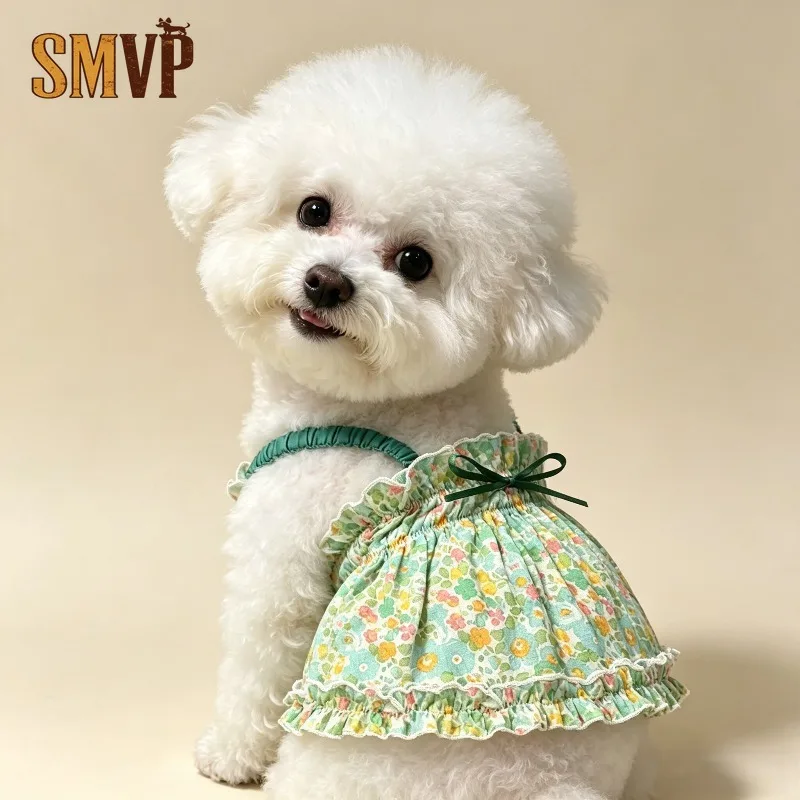 Vintage Pastoral Floral Pet Suspender Dress Ruched Elastic Waist Decorative Bow Ruffled Edge Hem Thin Soft Breathable Small Pets