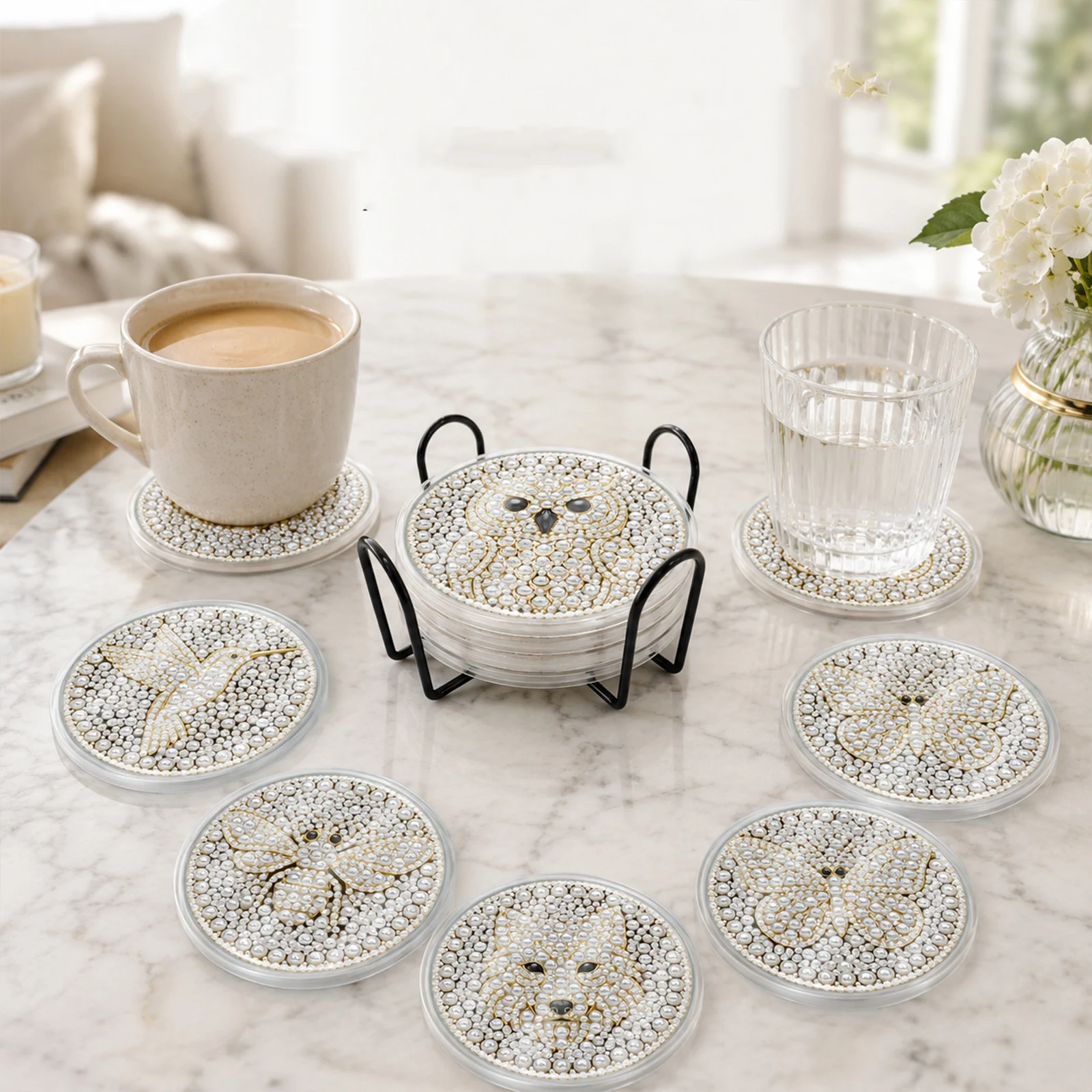 6 Pcs DIY Diamond Painting Coasters for Beginner Home Decor Friendly Art Craft Gifts Dot Paint Coaster Craft Kits Waterproof