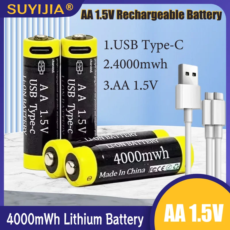 New 1.5V AA Batteries 4000mWh Rechargeable Li-ion Battery for Mouse Remote Control Small Fan Electric Toy With USB Type-C Cable