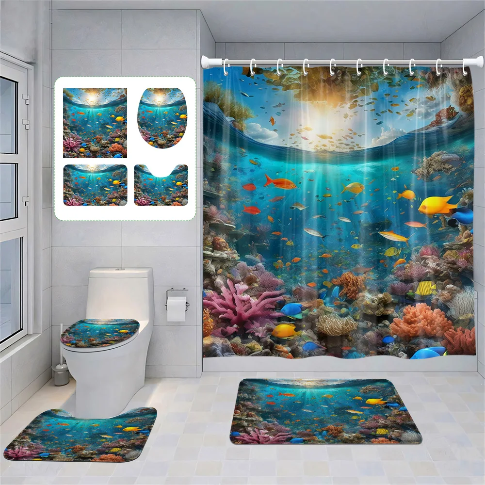 

Костюм для ванны Sea Life, 4 шт., водонепроницаемая занавеска для душа, противоскользящий коврик, дизайн рыбы, коралла, чехол для унитаза для прибрежной ванной комнаты