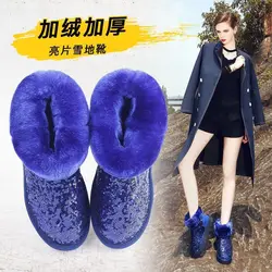 Winter New Women's Fashion Sequin Thick Sole Increase Anti slip Snow Boots with Thickened Fleece Warm Shoes