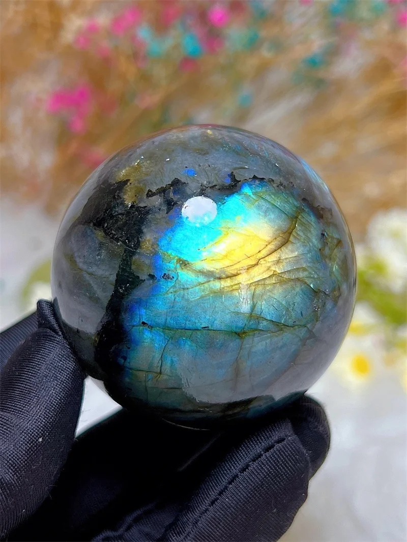 Natura Crystal Blue Labradorite SPhere With Rain Bow Free Form  Carving Reiki Healing Stone Home Decoration Exquisite Gift