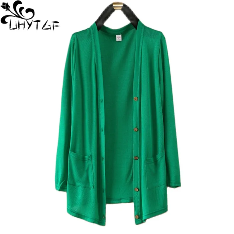 UHYTGF 2022 Knitted Spring Summer Coat Women Long-Sleeved Shawl Thin Jacket V Neck Cardigan Female Tops 5XL Loose Outerwear 2030