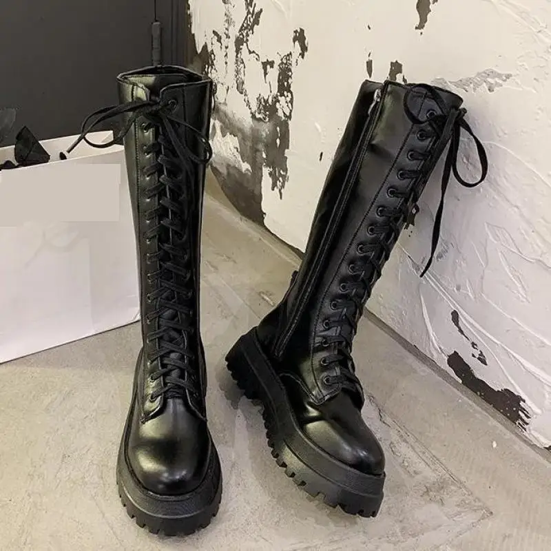 

Chunky Platform Pu Leather Knee High Boots Women Punk Increasing Long Female Lace Up Booties Mujer 2021 Zip Chelsea Women Shoes