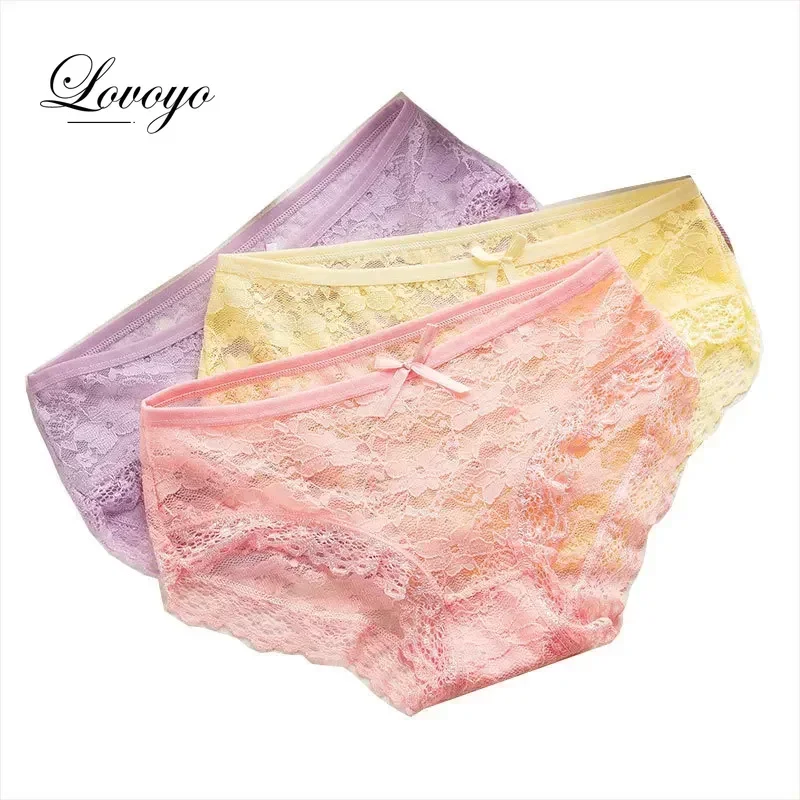 Sweet Girl Lace Transparent Women\'s Panties Cute Bow Hollow Mesh Ruffle Underpants Low Waist Girl Briefs Underwear Women Briefs