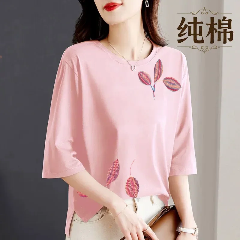 Casual Pure Cotton Three-quarter Sleeve T-shirt Women Summer New Loose Foreign Style Versatile Middle-aged Top