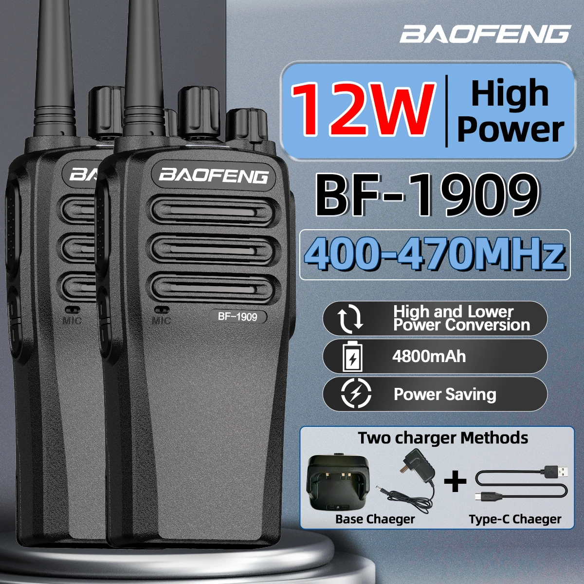 BaoFeng BF-1909 Walkie Talkie 12W High Capacity Long Range Two Way Radio Type-C Charging Transmitter Upgrade BF-888S UV-5R UV-82