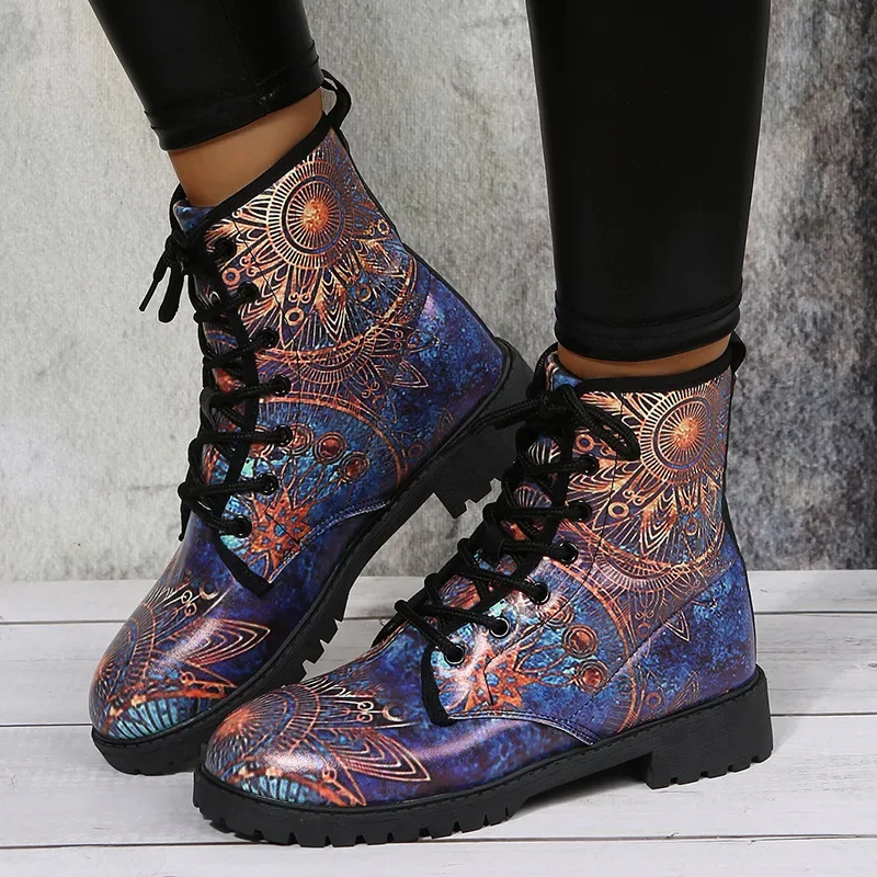 Boots Women's Autumn and Winter 2022 British Fashion Women's Tooling Boots Skull and Flower Print High-top Boots Ladies