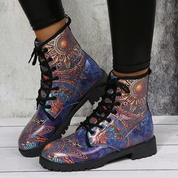 Boots Women's Autumn and Winter 2022 British Fashion Women's Tooling Boots Skull and Flower Print High-top Boots Ladies