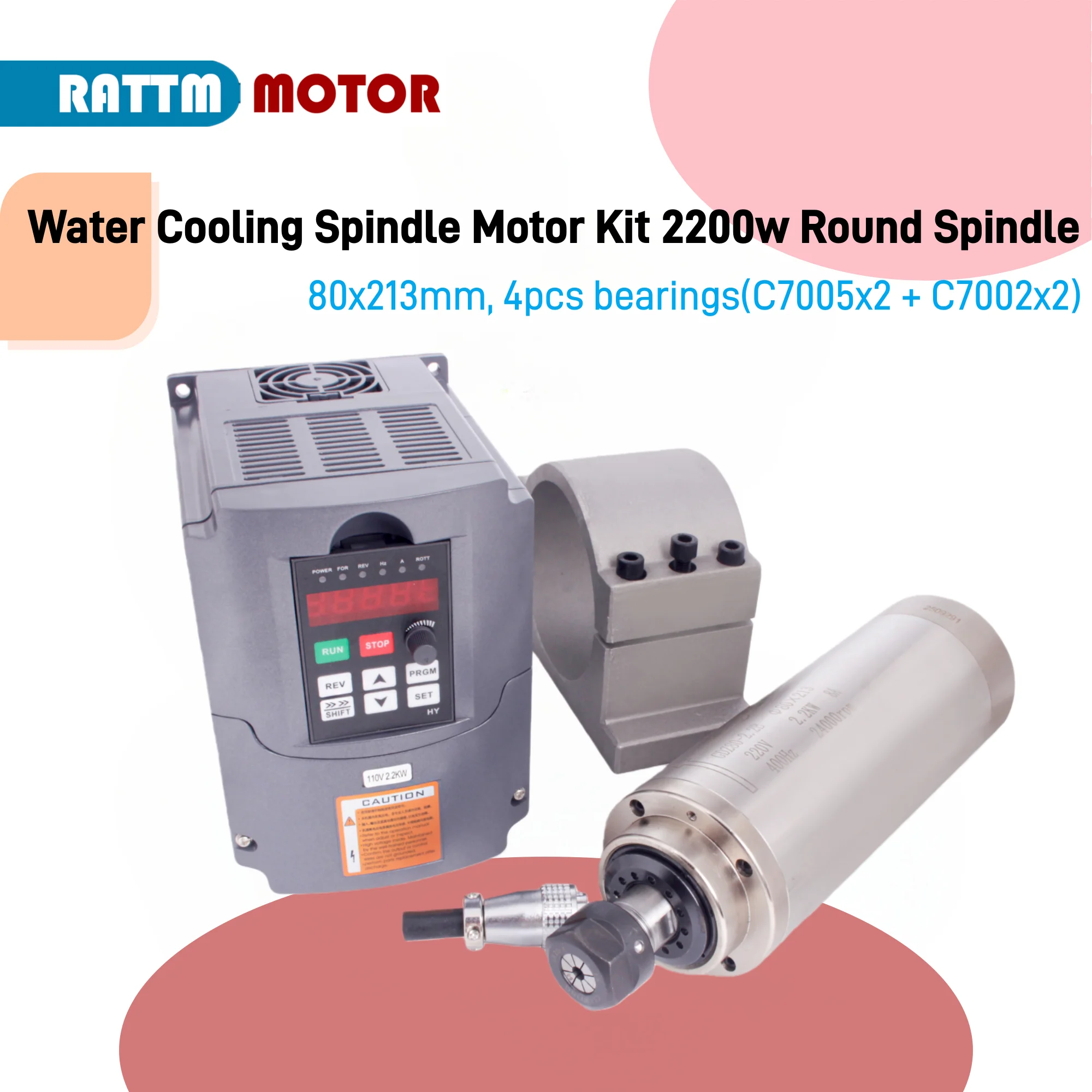Water Cooling Spindle Motor Kit 2.2kw 2200w Round Spindle 24000RPM + VFD Inverter With RS485 + 13pcs ER20 For CNC Milling