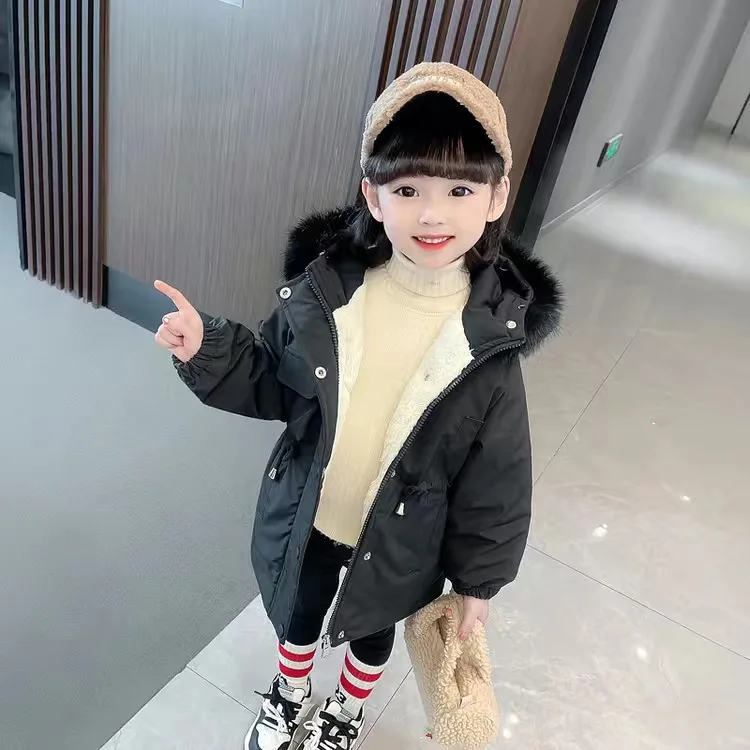 Mädchen Baby Kinder Mantel Jacke Oberbekleidung 2026 Kapuzenjacke mit Plusch-Futter Verdickt Warm Winter Herbst Top Baumwolle Teenager Fleece Kinderjacke