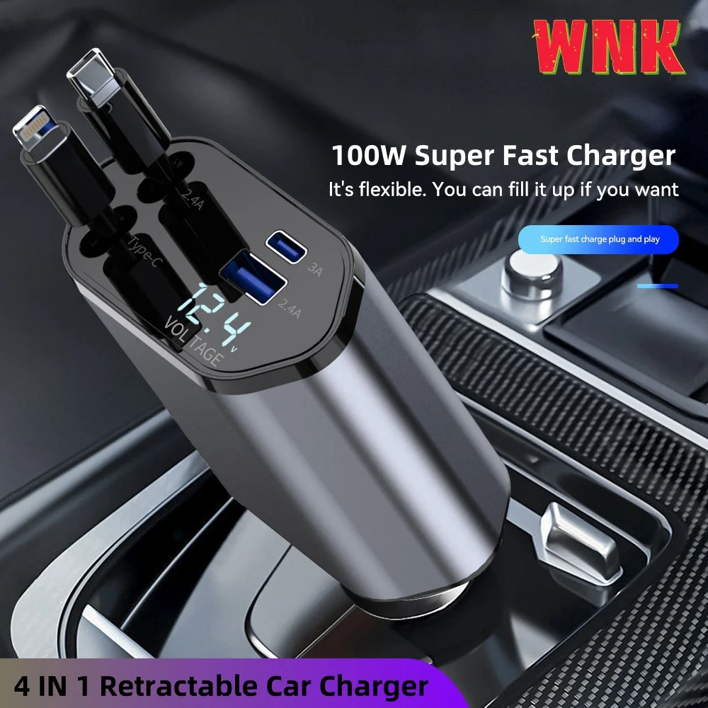 100w 4 IN 1 Retractable Car Charger USB Type C Cable For IPhone Samsung Fast Charge Cord Cigarette Lighter Adapter