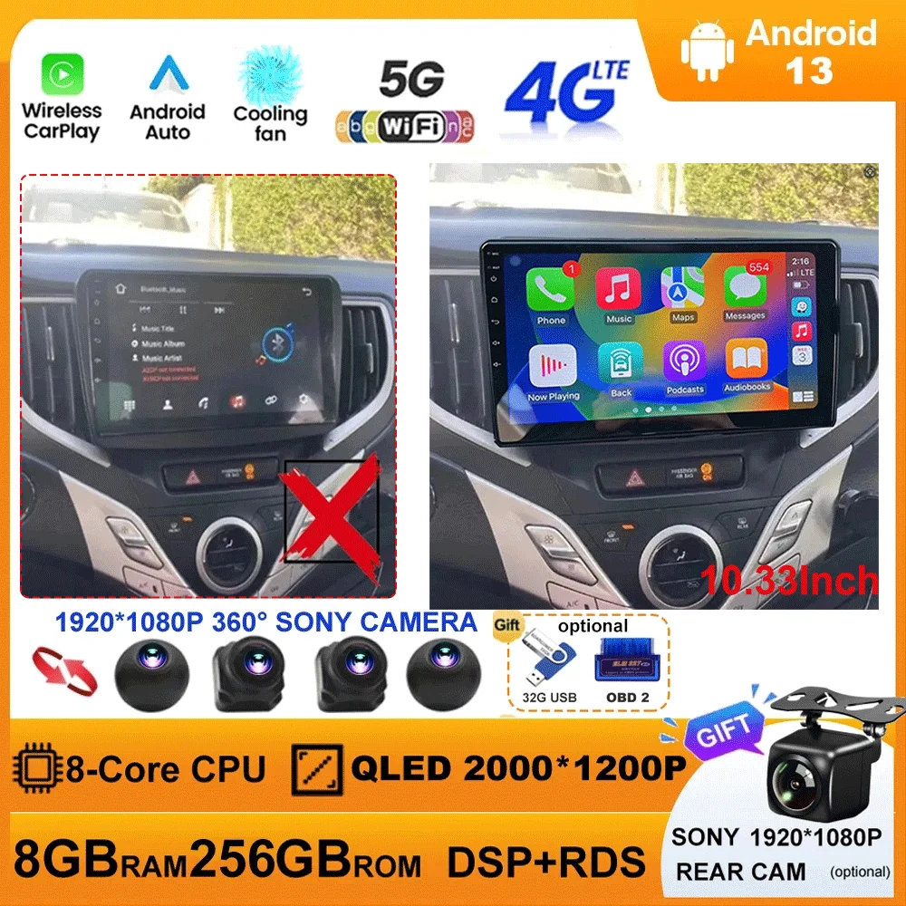 

10.33 Inch Android 13 Car Radio For Suzuki Baleno 2016- 2019 GPS Navigation 4G WIFI Multimedia Video Player Stereo Carplay Auto