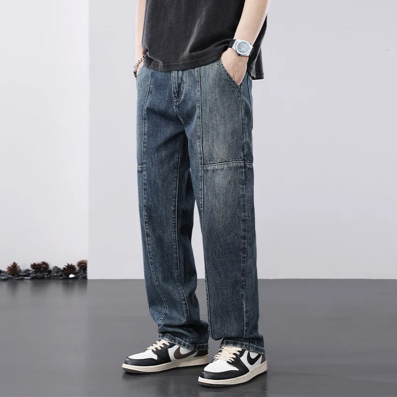 

Spring and Autumn Loose Straight American High Street Spliced Denim Pants Size 28-40 Streetwear Men Wide Leg Jeans