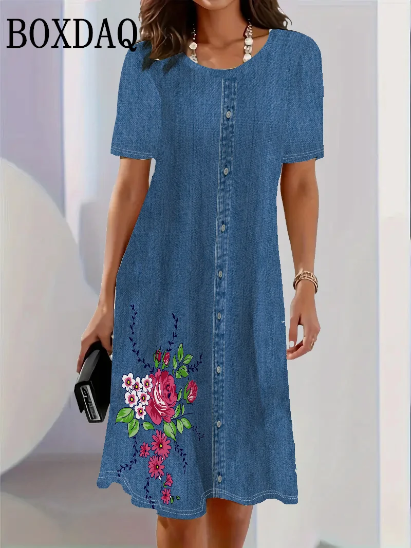 2025 패션 트렌드 3D 이미테이션 데님 패턴 여성 드레스 여름 스트릿 반팔 O넥 루즈 캐주얼 플라워 프린트 드레스