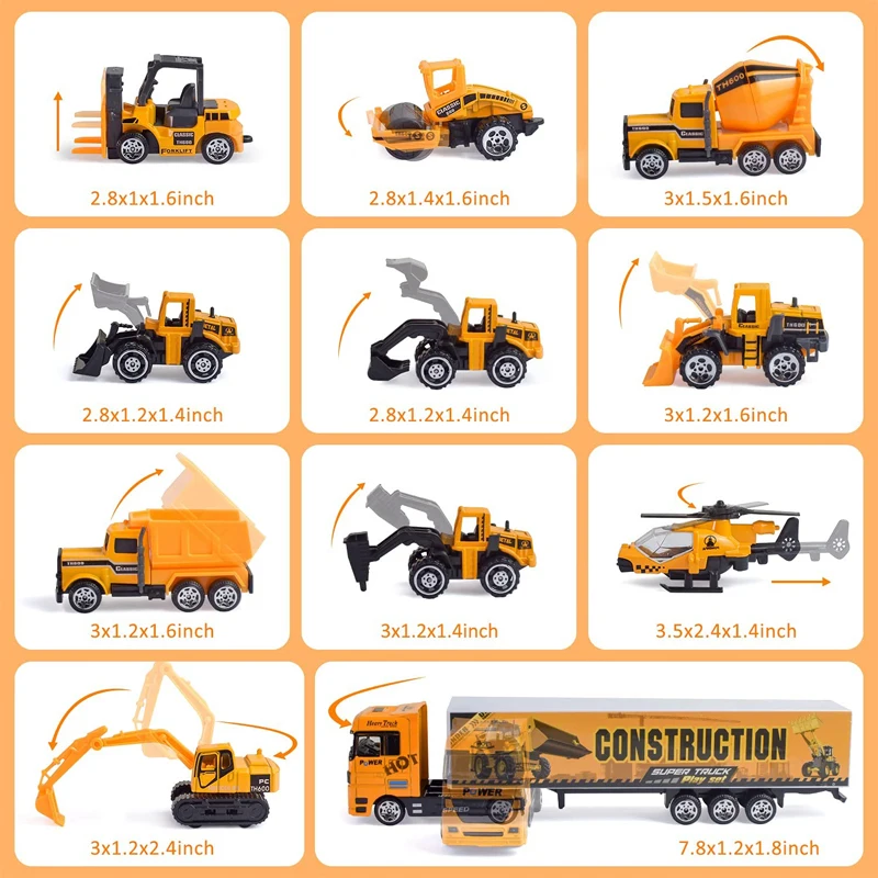 10 In 1 Construction Toys Truck Storage Die-cast Vehicle Transporter Car Set Excavator Dump Truck Digger Backhoe for Kids Gift