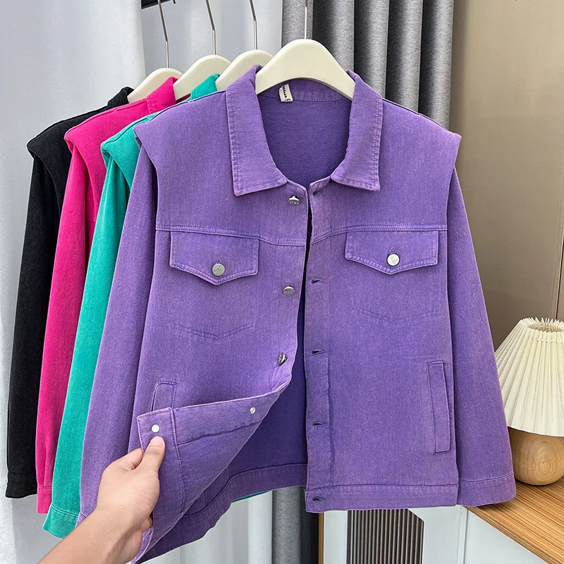 Womens Plus Size Washed Cotton Denim Jacket Autumn Casual Clothing Fashion Candy Color Outwear Curve Coats S74 1144