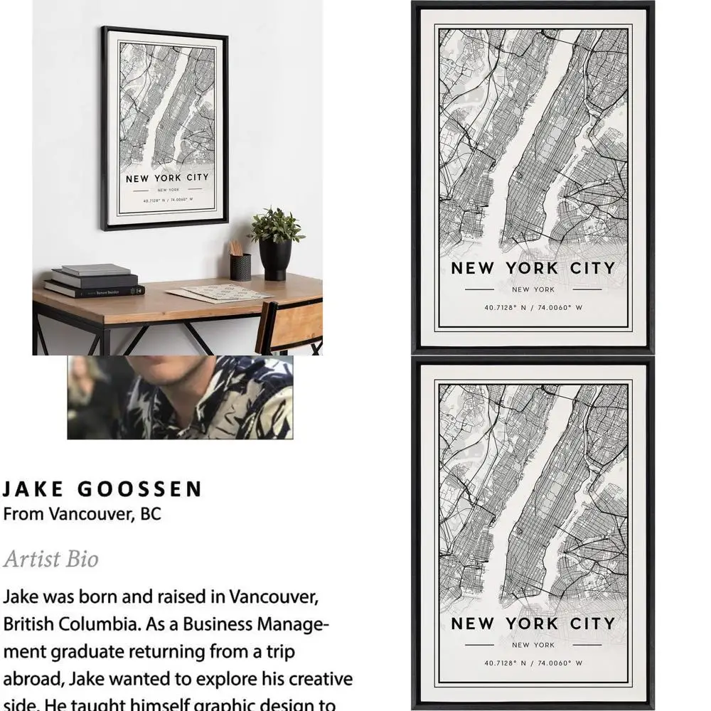 

New York City Modern Map Wall Art by Jake Goossen, 23x33, Black Framed Linen Canvas