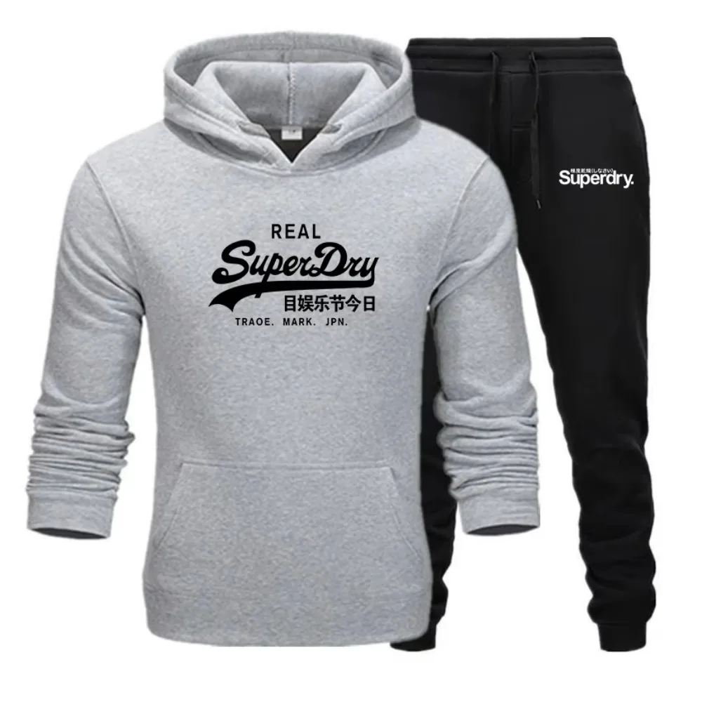 UK Superdry Brand New Autumn/winter Printed Hoodie+drawstring Pants Set Top Street Fashion Men\'s Fleece Pocket Casual Sports Set