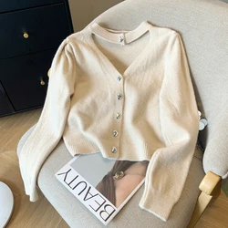 Korean Halter Knitted Cardigan for Women 2024 Autumn O-neck Single Breasted Tops Female Y2k Long Sleeve Sweet Sweater Coat