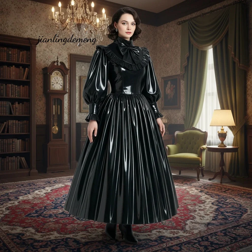 

Black Victorian PU Satin Prom Dress High Neck Bow Long Puff Sleeve Full A-Line Maxi Formal Evening Gown for Women Customized