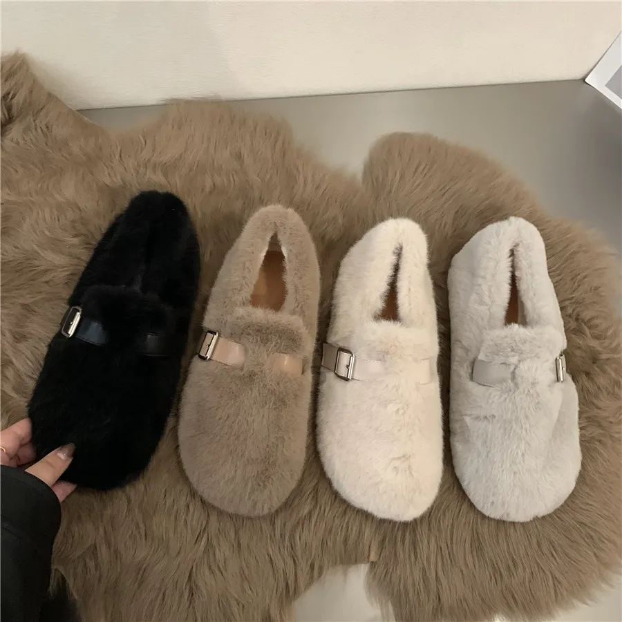 Fur Flats Women Loafers Shoes Winter Short Plush Warm Cotton Shoes Comfortable Trend Designer Walking Shoes Casual Femme Zapatos