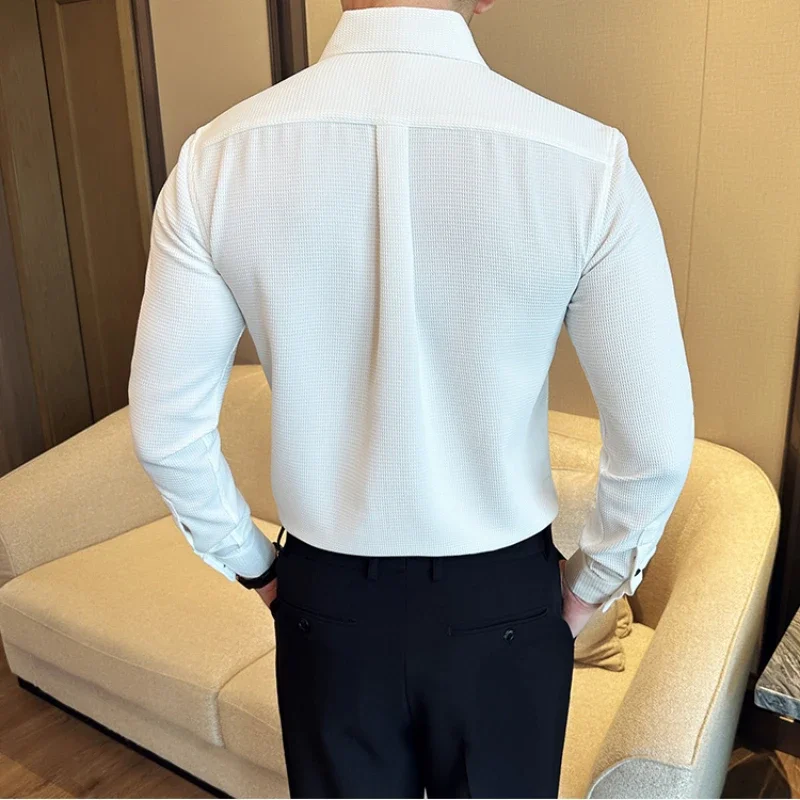 Brand Clothing Men Spring High Quality Long Sleeve Shirts/Male Slim Fit Casual Business Dress Shirts Men Waffle Casual Shirt 4XL