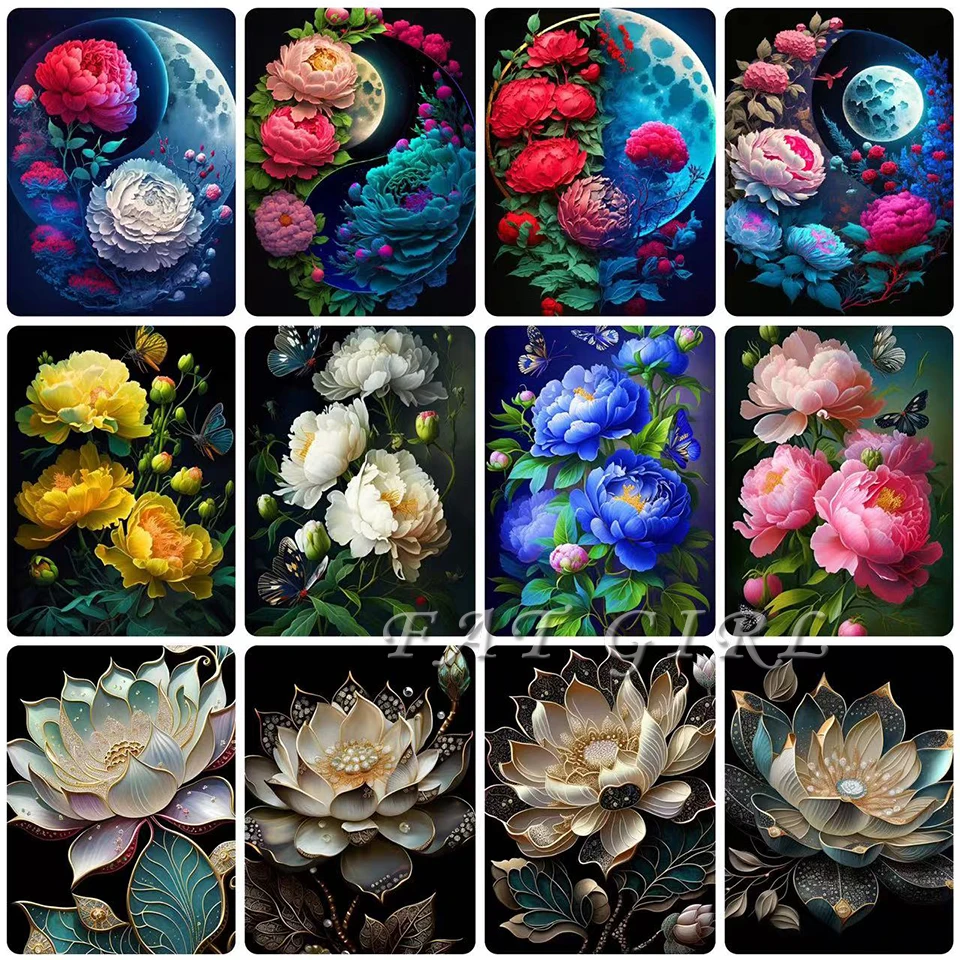 5D Diamond Painting New Flower Moon Landscape Diamond Mosaic Embroidery Peony DIY Full Square Round Drill Modern Home Decor H58