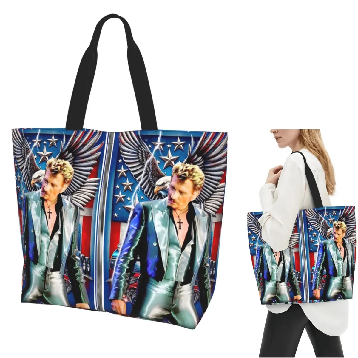 

Французская рок-легенда Johnny Hallyday Shopping Tote Bag Холщовые сумки на плечо большой вместимости Сумка-шоппер для продуктов для женщин