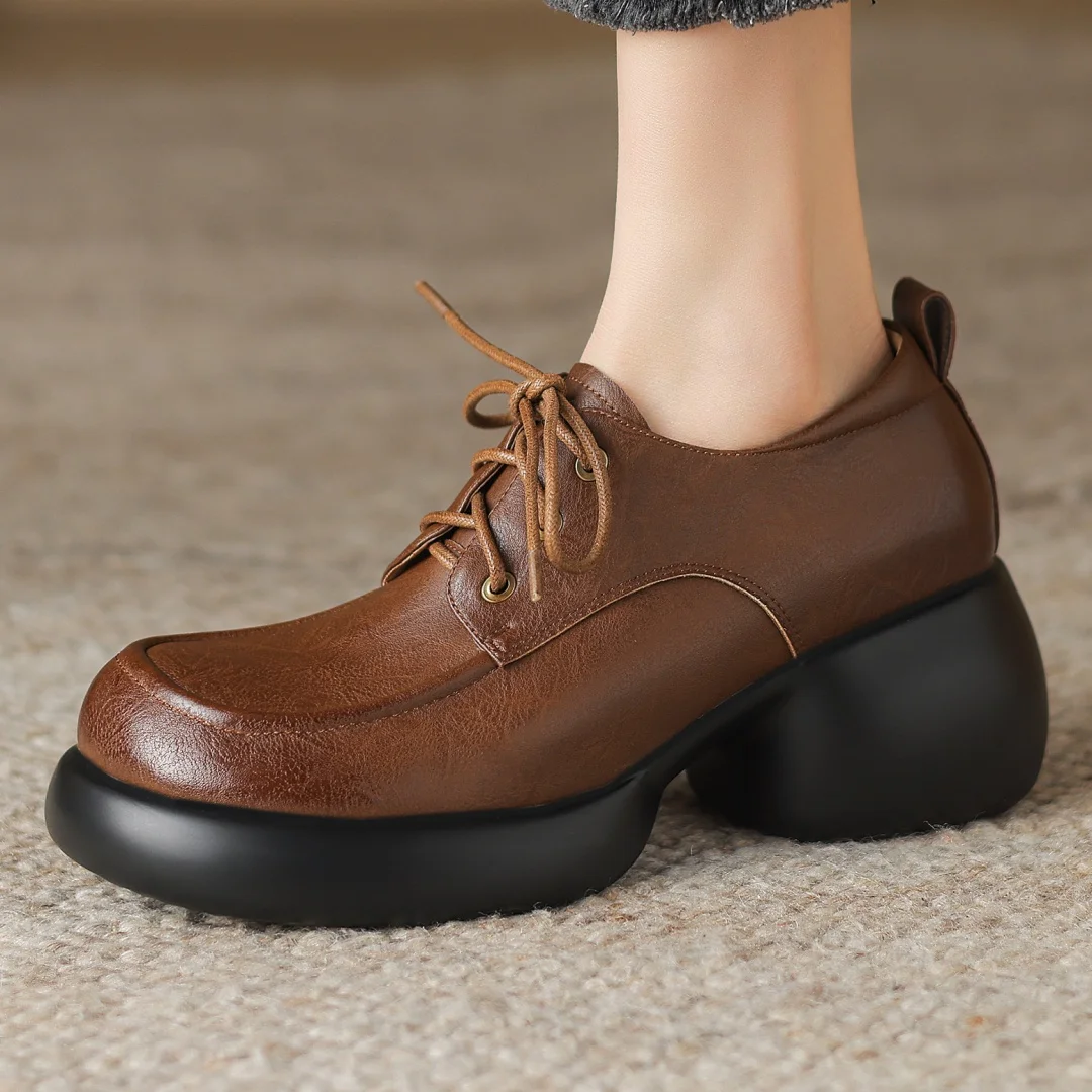 

Women's genuine leather thick sole platform flats lace-up oxfords round toe high quality soft comfortable casual daily shoes hot