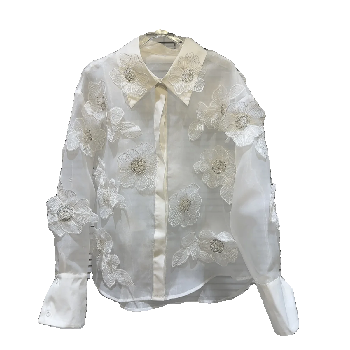 Spring Sequins 3D Flowers Mesh Spliced Pearls Beaded Shirts Gauze Patchwork Sequined Blouses Chiffon Cardigan Crop Tops 2024