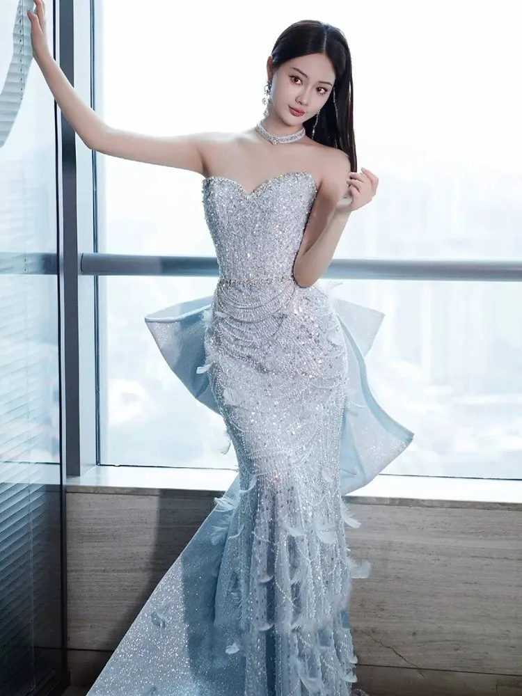 

Heavy sequined fishtail blue toasting morning robe banquet host dress