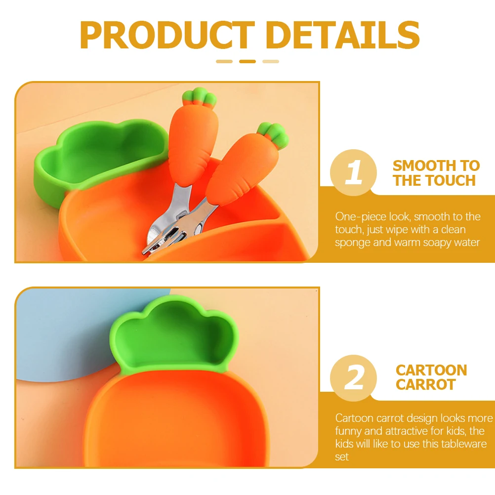 

Carrot Baby Food Utensils Set Silica Gel Steel Dishes Plates Toddler Ergonomic Safe Sterilizable Heat Resistant Kids Tableware