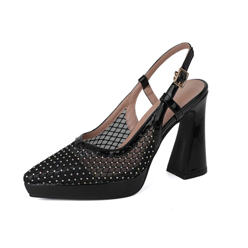 

Новые лаконичные босоножки на высоком каблуке 11 см со стразами, женские непромокаемые босоножки на платформе, черно-белые сетчатые сандалии, размеры 34-43