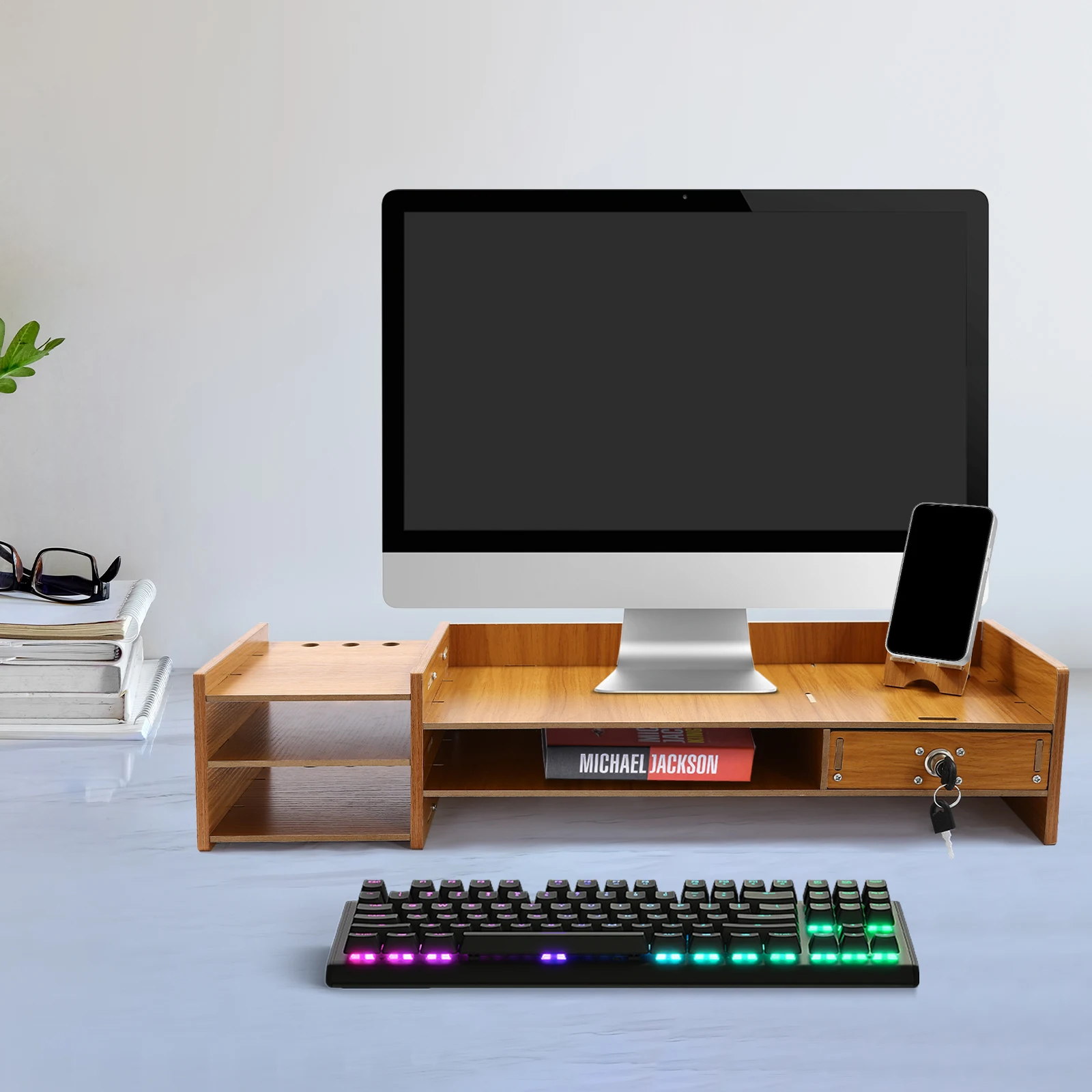 Wooden Desk Organizer Computer Laptop Monitor Stand 3 Layer Shelf Computer Monitor Riser W/Drawers Lock&Phone Holder for Office