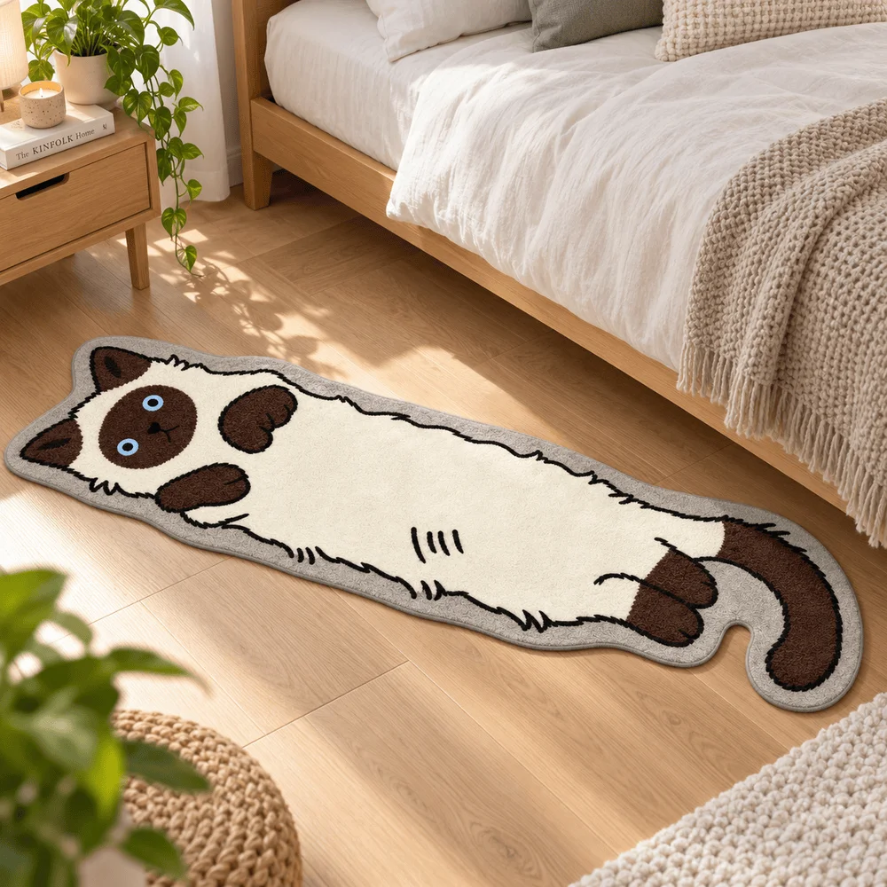 Cute Long Siamese Cat Shaped Area Rug Soft Flannel Non Slip Floor Mat For Bedroom Hallway Entryway Living Room Home Decor Gift