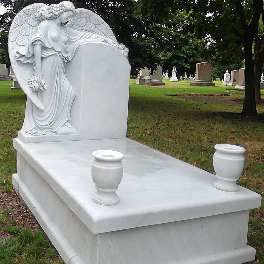 

Customization Handcarved White Stone Cemetery Marble Standing Angel Tombstone with Flower