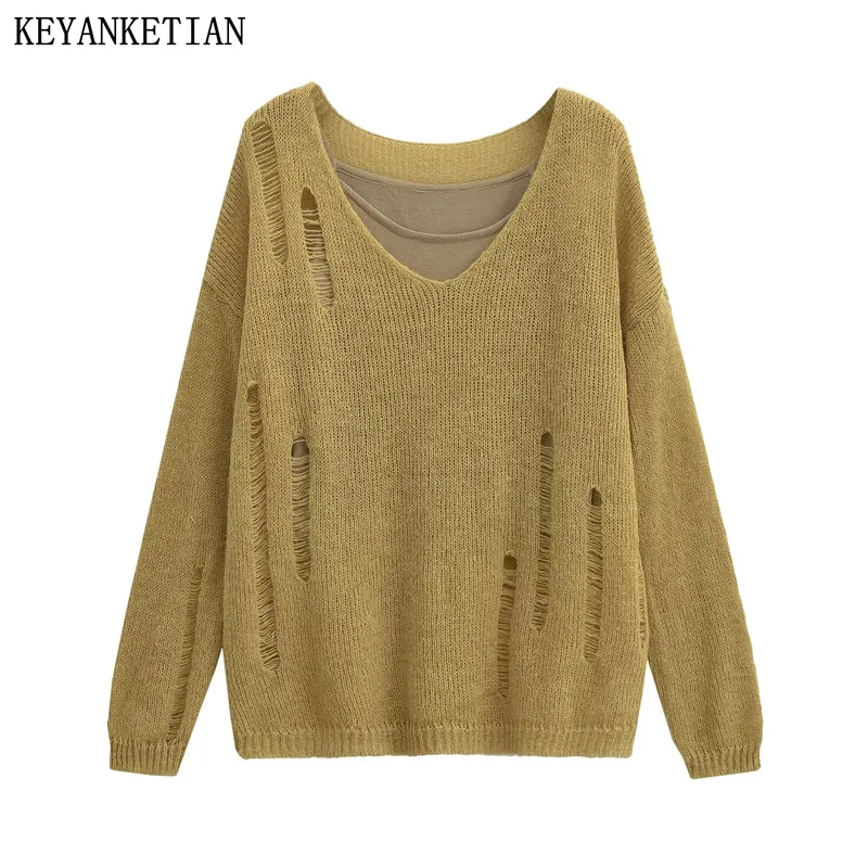 KEYANKETIAN 2024 New Launch Women's Fake Two Pieces Suspenders Patchwork Hollow out Ripped Sweater High Street Loose Pullover