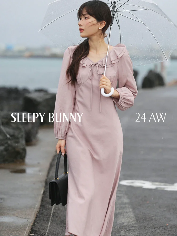 

French Ruffle V-Neck Chiffon Dress Women Spring 2025 Long Sleeve Slim Fit A-Line Dress Elegant Waist-Cinched Midi Dress Ladies