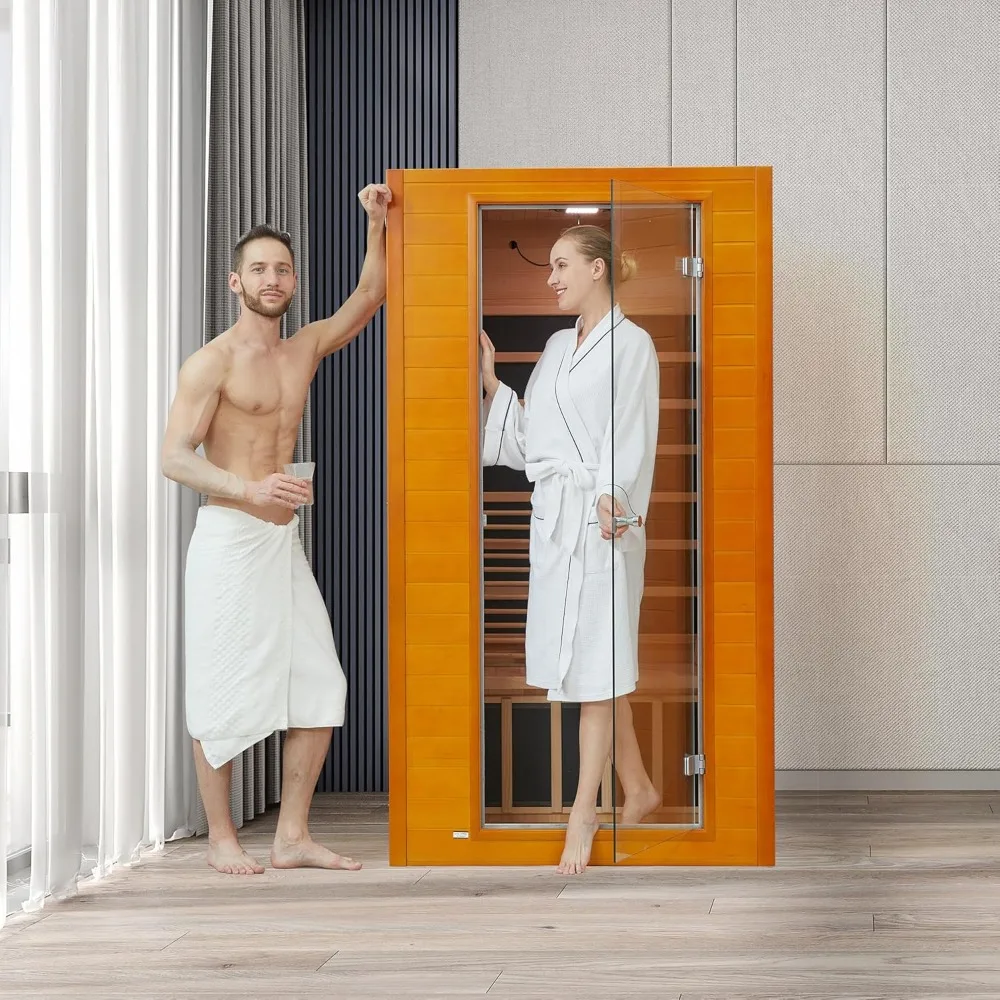 Sauna infravermelha distante para casa, sala de sauna doméstica de madeira perto de zero EMF com 1600W, 9 luzes de terapia cromática, Bluetooth, painel de controle LCD