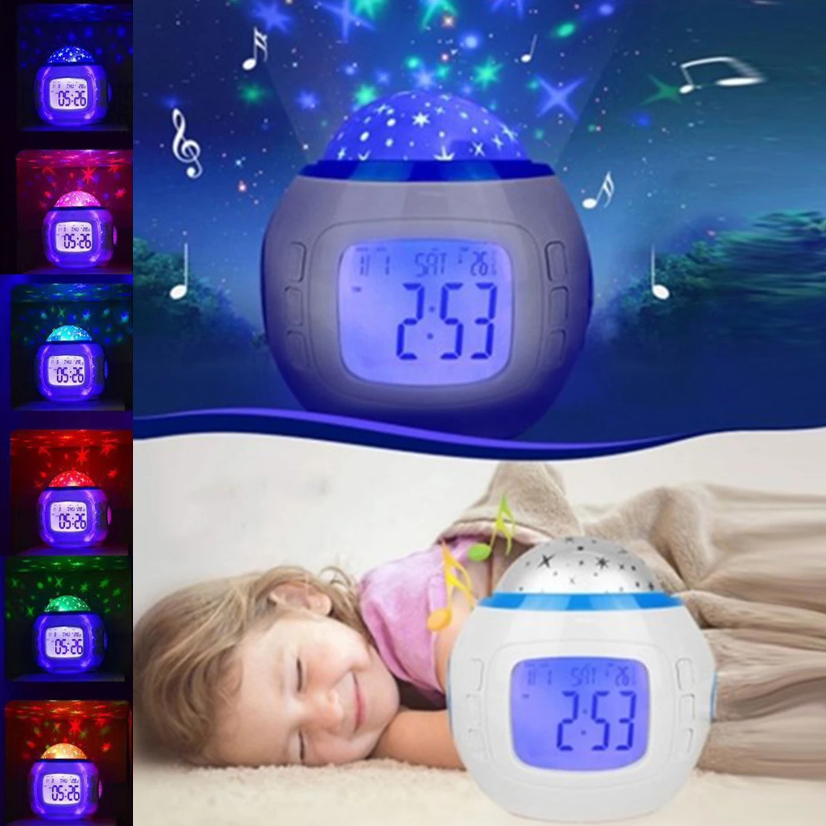 Reloj despertador con luz de proyección, despertador LED, luz de proyección, cielo estrellado, cambio de Color, luz nocturna junto a la cama para ...