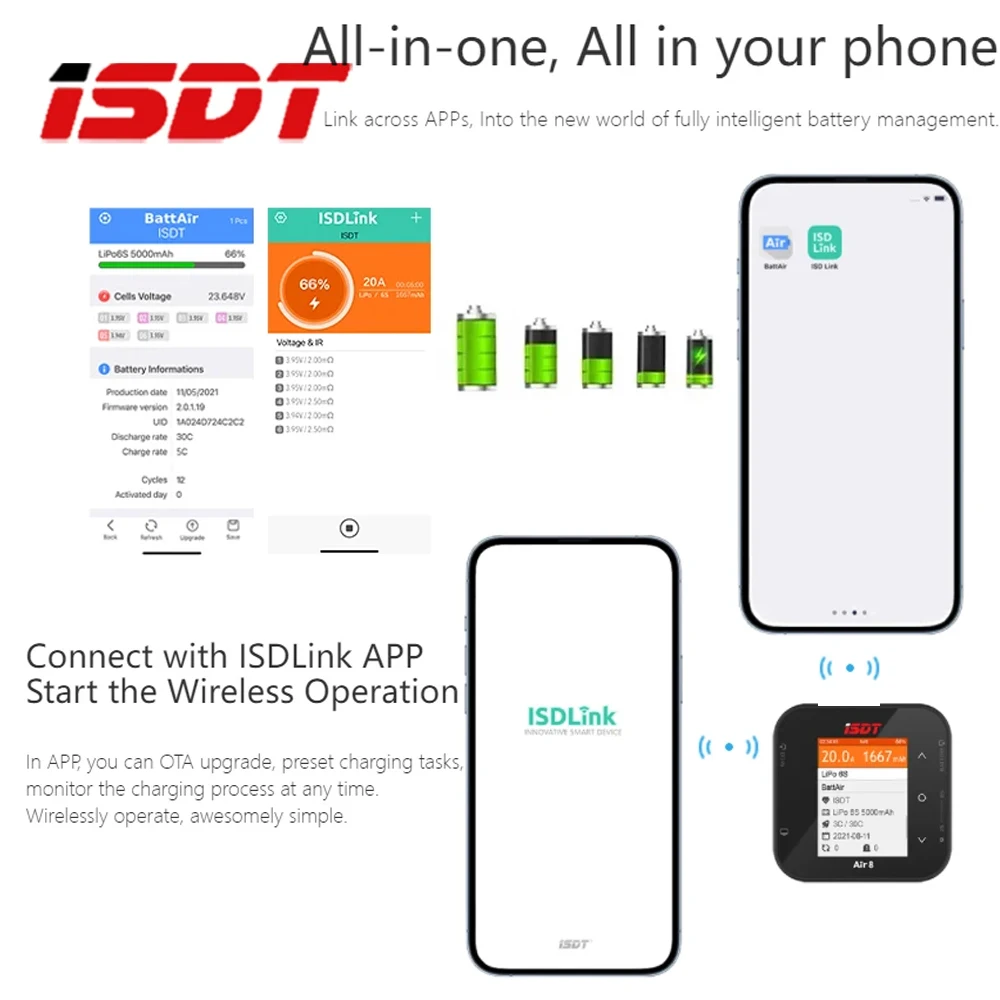 

ISDT Air8 Smart Charger Support New BattAir Smart Battery/APP Connection/Support 1-8S Battery ULiHv 500W 20A For RC Model Parts